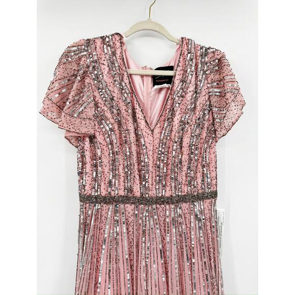 Mac Duggal 5444 Striped V Neck Striped Beaded Sequin Gown 16 NEW - Picture 8 of 11